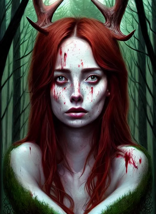 Image similar to surrounded by trees, realistic character concept, gorgeous Kacey Rohl, red hair, small freckles, Wendigo creature antlers deer skull face, symmetrical face, symmetrical eyes, full body, covered in blood, dark forest, trees, shorter neck, cinematic lighting, Joshua Middleton and artgerm, fear anxiety terror