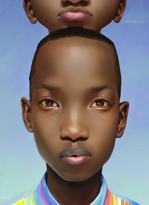 Image similar to colourful upper half portrait of an african boy with exaggerated features - art by aya takano & hsiao - ron cheng, highly detailed, digital painting, illustration, smooth, sharp focus, intricate, symmetry, pinterest, behance, artstation