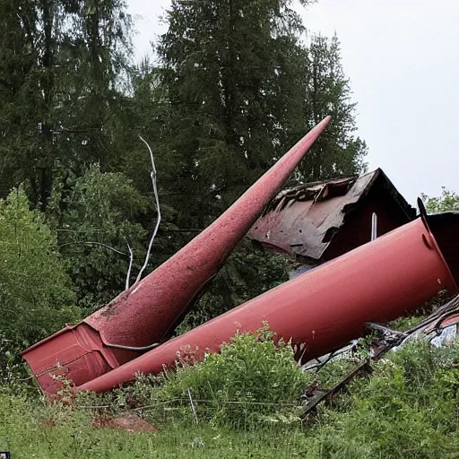 Image similar to a large funnel formed on the territory of an old village house in Russia as a result of a rocket hit where people gathered to photograph it