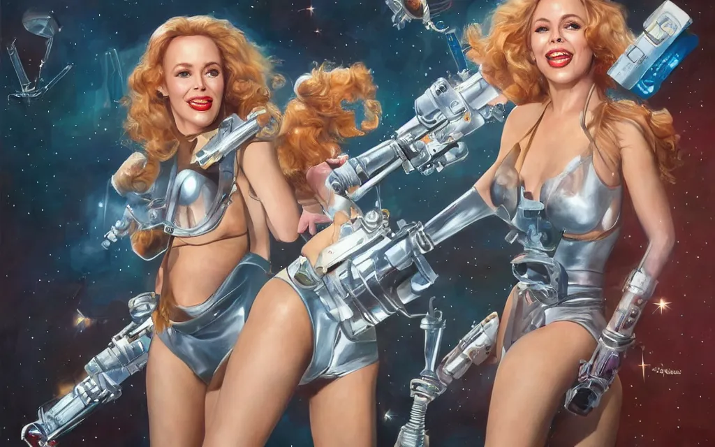 Prompt: kylie minogue as barbarella. floating through an airlock, holding a raygun. soft lighting. glamorous. sophisticated. hyper detailed painting. trending on artstation. cinematic.