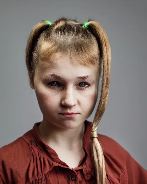 Prompt: portrait of a russian girl, medium closeup, pigtails, cinematic light, dark background, sideview, looking down, wrinkled cotton shirt