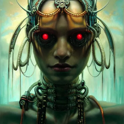 Prompt: a hyperrealistic acrylic portrait painting of a cyberpunk - necromancer by artgerm, beksinski and thomas kinkade. intricate details. believable eyes. head and shoulders. front on, symmetrical. epic fantasy art. indian mythology. rama.