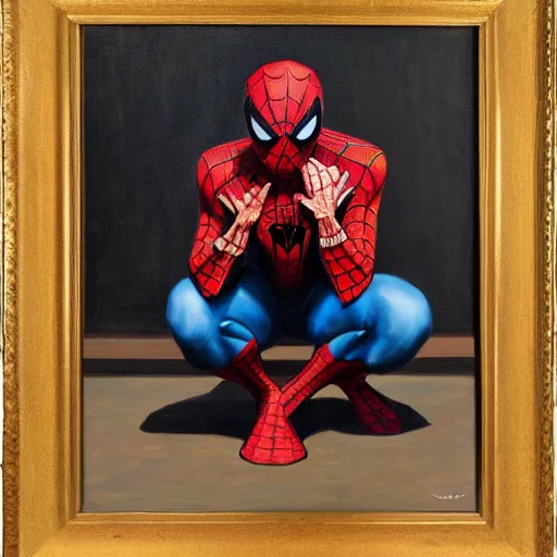 Prompt: spiderman, kneeling, praying, head lowered, portrait, oil, painting