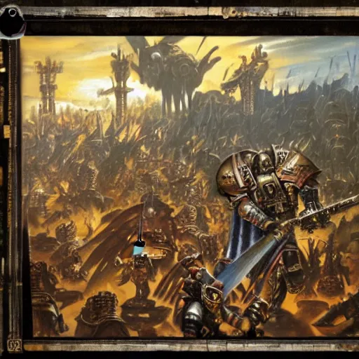 Prompt: warhammer 40k, the emperor of man fighting horus, painting, far shot