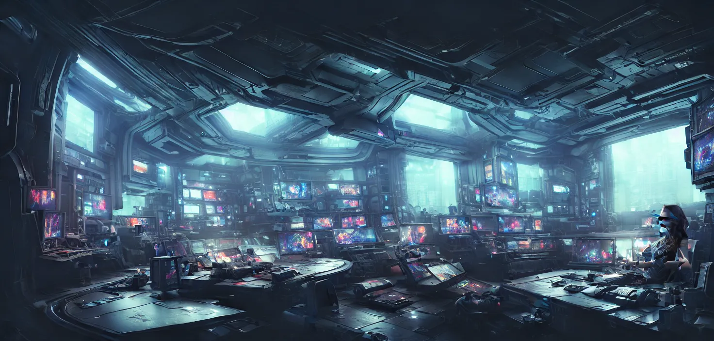 Image similar to a hyper detailed octane render concept art by xision wu, kerem beyit, sandara tang portrait of cyberpunk panel control spaceship room, dim lighting, detailed portraits, unreal engine 5, highly rendered, digital painting, hyper realistic, photorealistic, artstation, concept art, smooth, sharp focus perfect horizontal, symmetry illustration, detailed and intricate environment artstation hq