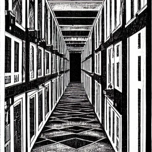 Image similar to a terrifying dark hallway with many doors and many stairs, impending doom, Mc Escher architecture, epic composition, by Junji Ito