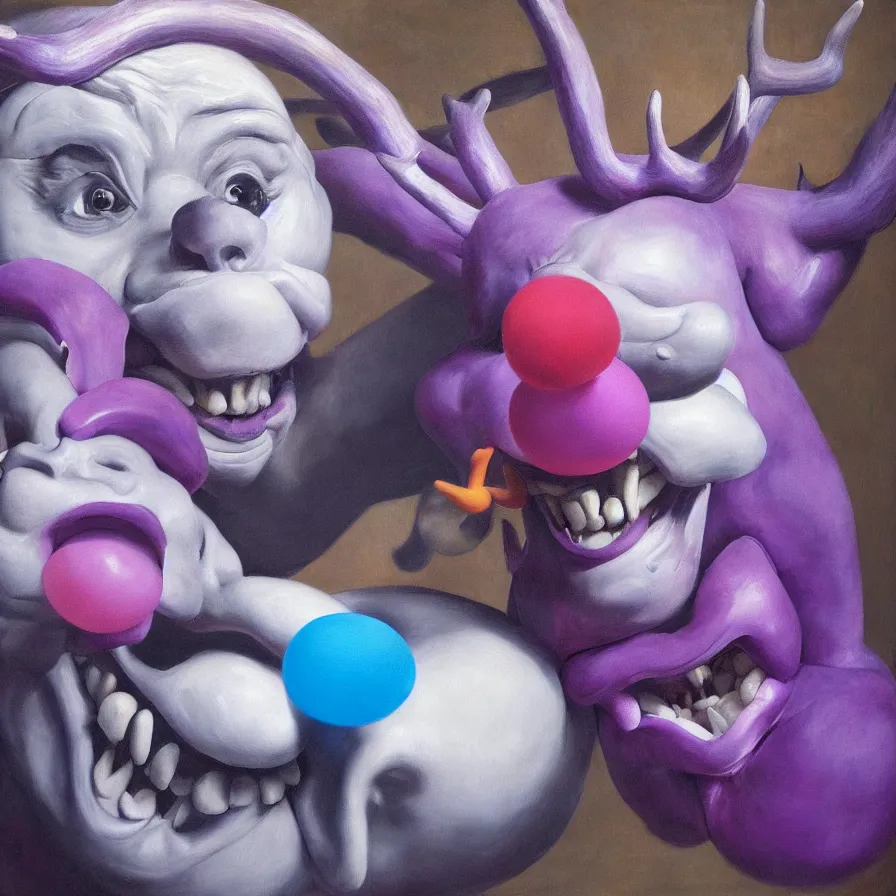 Image similar to rare hyper realistic portrait painting by italian masters, studio lighting, brightly lit purple room, a blue rubber duck with antlers laughing at a giant laughing white bear with a clown mask