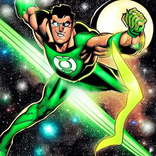Prompt: Green Lantern fighting in space with Black Adam, comic style, planets on the background, dramatic, dark lighting, HQ