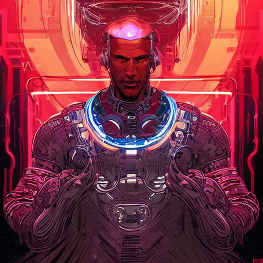 Prompt: comic book illustration, cyberpunk concept art, a portrait of a cybernetic monk meditating in lotus pose, art by josan gonzales and wlop, highly detailed, intricate, sci-fi, sharp focus, Trending on Artstation HQ, deviantart