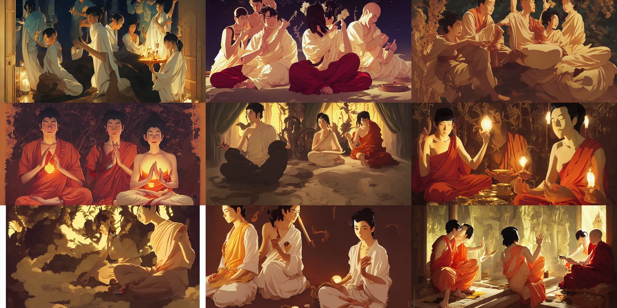 Prompt: buddhism, night, in the style of studio ghibli, j. c. leyendecker, greg rutkowski, artem