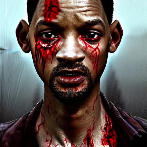 Image similar to young will smith as a bloody zombie, 7 days to die zombie, fine art, award winning, intricate, elegant, sharp focus, cinematic lighting, highly detailed, digital painting, 8 k concept art, art by guweiz and z. w. gu, masterpiece, trending on artstation, 8 k