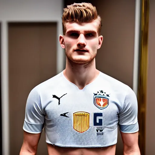 Image similar to a realistic detailed photo of a guy who is an attractive humanoid who is half robot and half humanoid, who is a male android, soccer player timo werner, shiny skin, posing like a statue, blank stare, in a living room, on display, showing off his muscles, gold soccer shorts