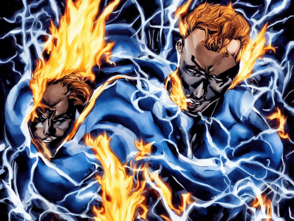 Image similar to dark skinned Johnny Storm young male superhero of the fantastic four, full body, flaming dreadlock hair, blue uniform with the number 4 on the chest in a round logo, cinematic, high detail, no imperfections, extreme realism, high detail, extremely symmetric facial features, no distortion, clean, also evil villians fighting in the background, by Stan Lee