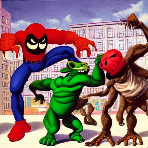 Image similar to beautiful lifelike painting of mf doom and donkey kong bullying peter parker in highschool, hyperreal detailed facial features and uv lighting, art by ed roth and basil wolverton