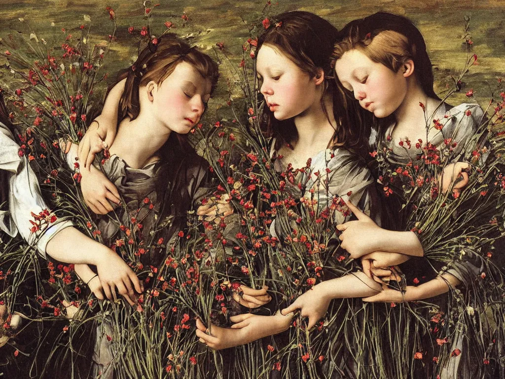 Prompt: Sisters embracing in the dried flower field. Delicate tendrils. Painting by Caravaggio