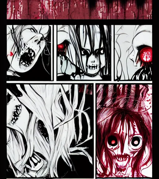 Image similar to horror acid colors, a dark picture comic featuring blood horror and goth anime girls, anime vampires, evil horror vibes