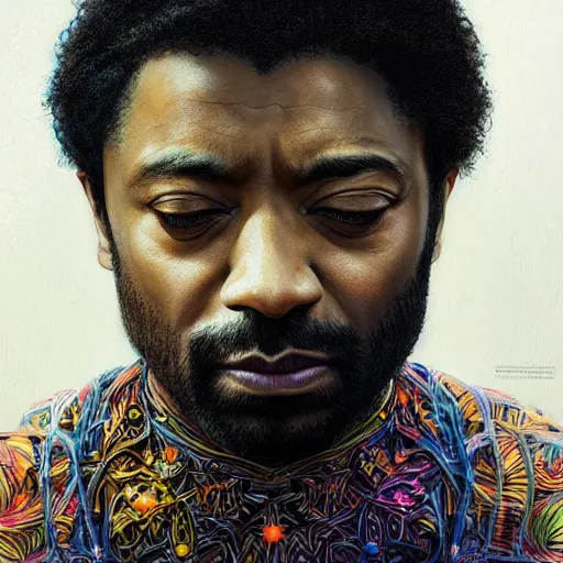 Image similar to portrait of chiwetel ejiofor, hyper detailed masterpiece, neon floral pattern, jean giraud, digital art painting, darkwave goth aesthetic, psychedelic, artgerm, donato giancola and tom bagshaw