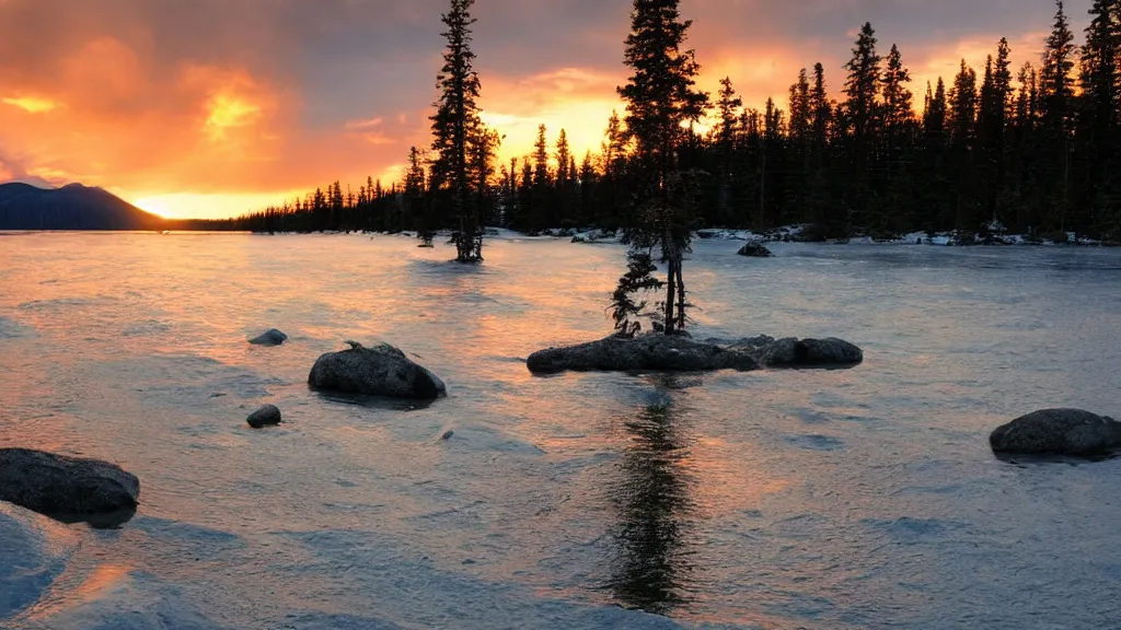 Prompt: amazing lake view photo of golden taiga in sunset, beautiful dramatic lighting