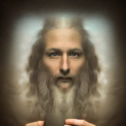 Image similar to realistic photo portrait of a man using an ipad, looking like leonardo da vinci, volumetric lights, trending on artstation, studio photo, intricate details, highly detailed