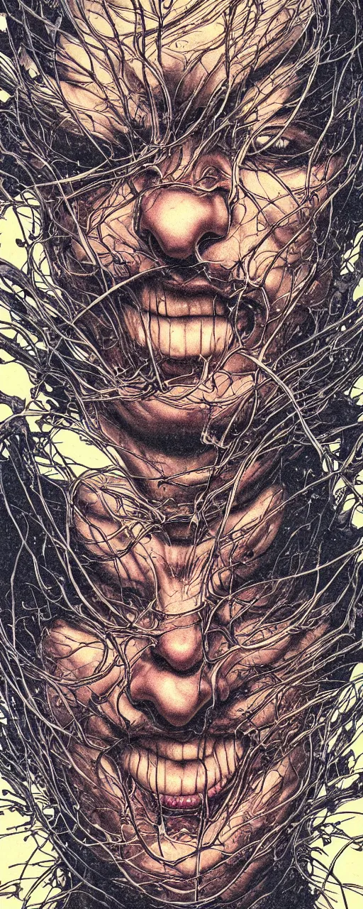 Image similar to closeup of face melting in agony, inside a frame on a tiled wall, frontal picture, by yoichi hatakenaka, masamune shirow, josan gonzales and dan mumford, ayami kojima, takato yamamoto, karol bak