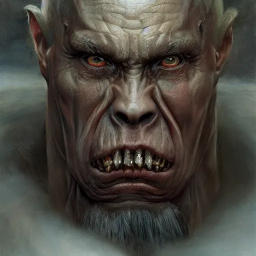 Image similar to vladimir putin, is orc, rotten tooth, horror, macabre by donato giancola and greg rutkowski and wayne barlow and zdzisław beksinski, realistic face, digital art