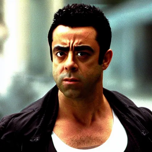 Prompt: Still of Xavi Hernandez in The Matrix Reloaded (2003) as Neo.