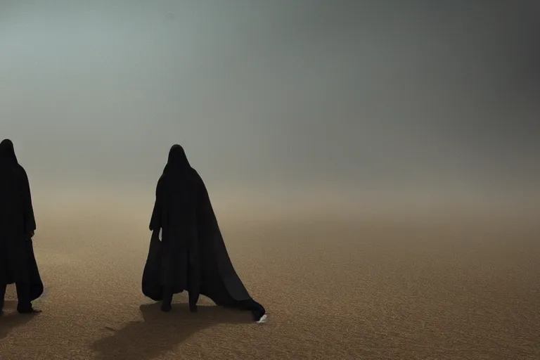 Prompt: two shadowy figures in tattered robes confronting each other in an alien desert during a sandstorm ; tension, creepy mood, uneasy atmosphere, breathtaking digital art, cinematic lighting, striking perspective, contrasting colors, unreal engine 8 k, trending on artstation, aesthetic color palette, very realistic, highly detailed