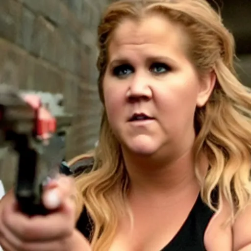 Image similar to movie still of Amy Schumer firing a gun as 007 in No Time to Die, 4k