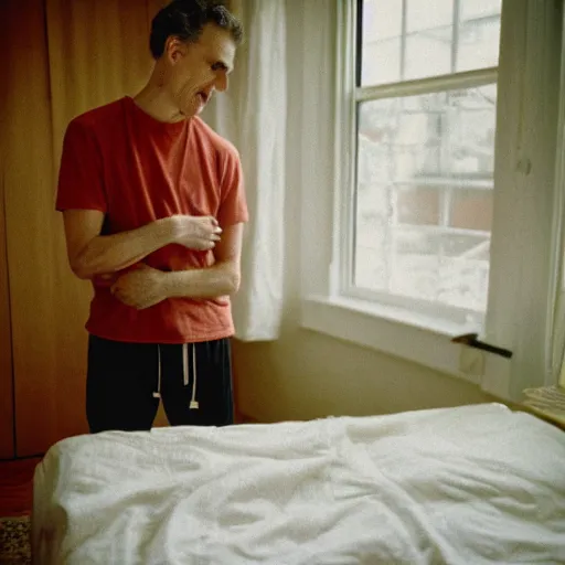 Prompt: jordan peterson crying while making his bed. portra 4 0 0.