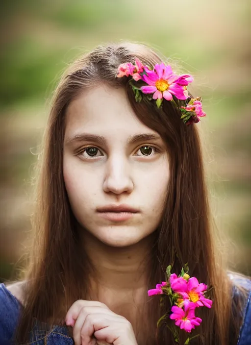 Prompt: portrait of a 1 9 year old woman, symmetrical face, flowers in her hair, she has the beautiful calm face of her mother, slightly smiling, ambient light