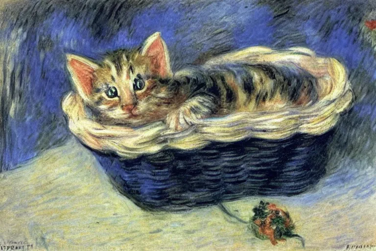 Image similar to a perishing cute kitten coiled up in a basket, snowy outside by Monet, Manet, Renoir