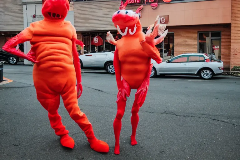 Prompt: person dressed up like a cute crab, in 2 0 1 8, at an arbys, street style, royalcore, low - light photograph, photography by tyler mitchell