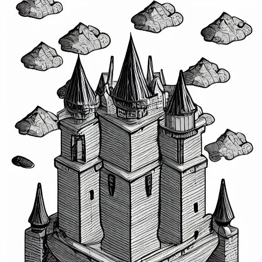 Prompt: isometric view of wizard tower, lineart