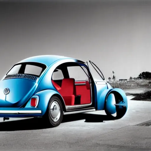 Image similar to Futuristic new Volkswagen Beetle with gullwing doors, retro futuristic, hyper realistic, award winning photograph, 1980 photo