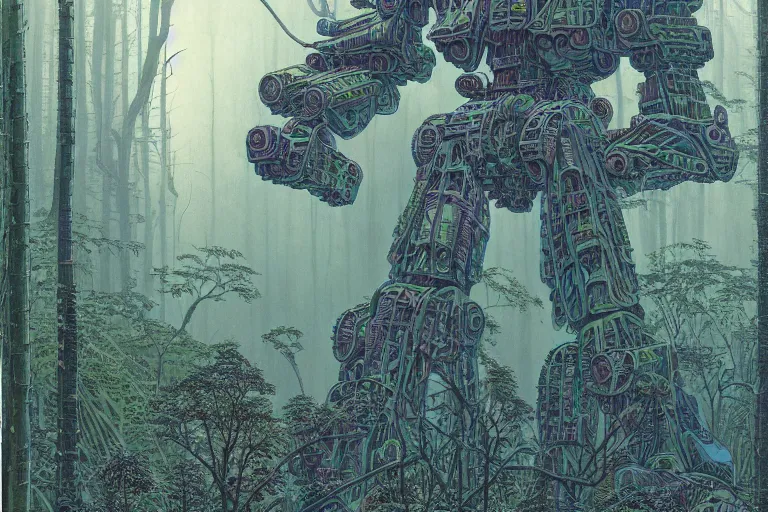 Prompt: lots of glass details, a lot of exotic vegetation, trees, flowers, dull colors, gigantic massive huge tremendous mecha close - up staying in the foggy huge dark night forest covered with web and cotton and a lot of glow - worms, by moebius, hyperrealism, intricate detailed, risograph