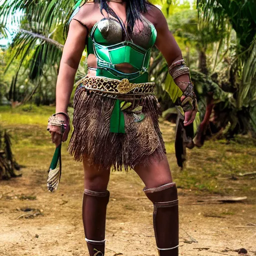 Image similar to long shot photo a Caucasian female amazon warrior with malachite armour