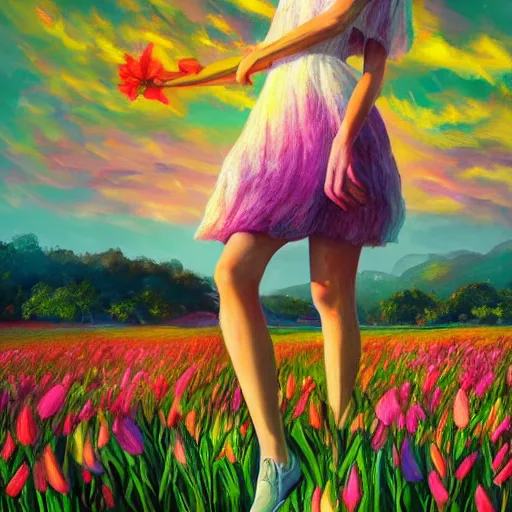 Image similar to giant gladiola flower as head, full body girl standing in a flower field, surreal photography, sunrise, dramatic light, impressionist painting, colorful clouds, digital painting, artstation, simon stalenhag