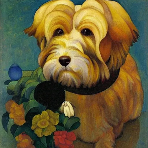 Image similar to portrait of a cream colored havanese dog with marigolds by diego rivera 1 9 3 5