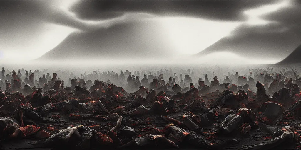 Image similar to a tsunami of corpses, by Edward Steichen, dramatic lighting, high contrast colors, panoramic view, as trending on Artstation,