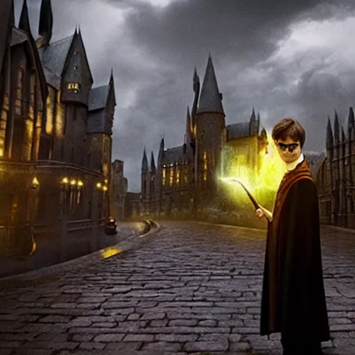 Prompt: Harry potter standing and holding a short wand, yellow light spell, side view, daniel radcliffe, thunderclouds, cinematic shot, wide shot, epic scale, photorealistic detail and quality, intricate cobblestone, magical special effects, movie still, nighttime, crescent moon, sharp and clear, action shot, intense scene, visually coherent, symmetry, rule of thirds, movement, photorealistic colors, cool colors transitioning to warm colors, modest tone, award winning, directed by Steven Spielberg, Christopher Nolan, Tooth Wu, Asher Duran, artstation