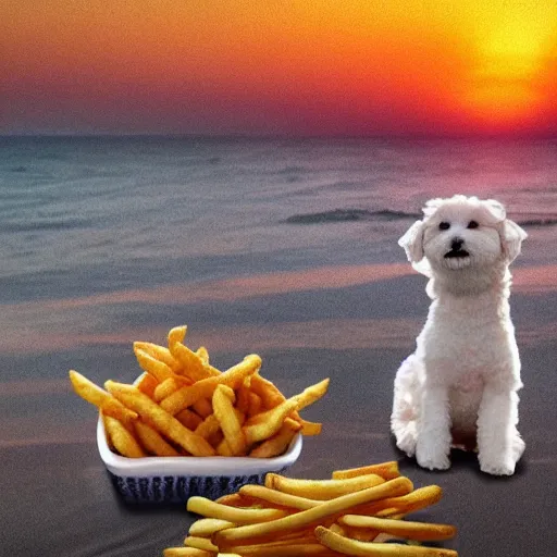 Image similar to a photorealistic photograph of a smiling knitted white bichon puppy eating basket of french fries during sunset at the beach Trending on artstation, featured on Behance, well-rendered, Unreal Engine, 4K HD