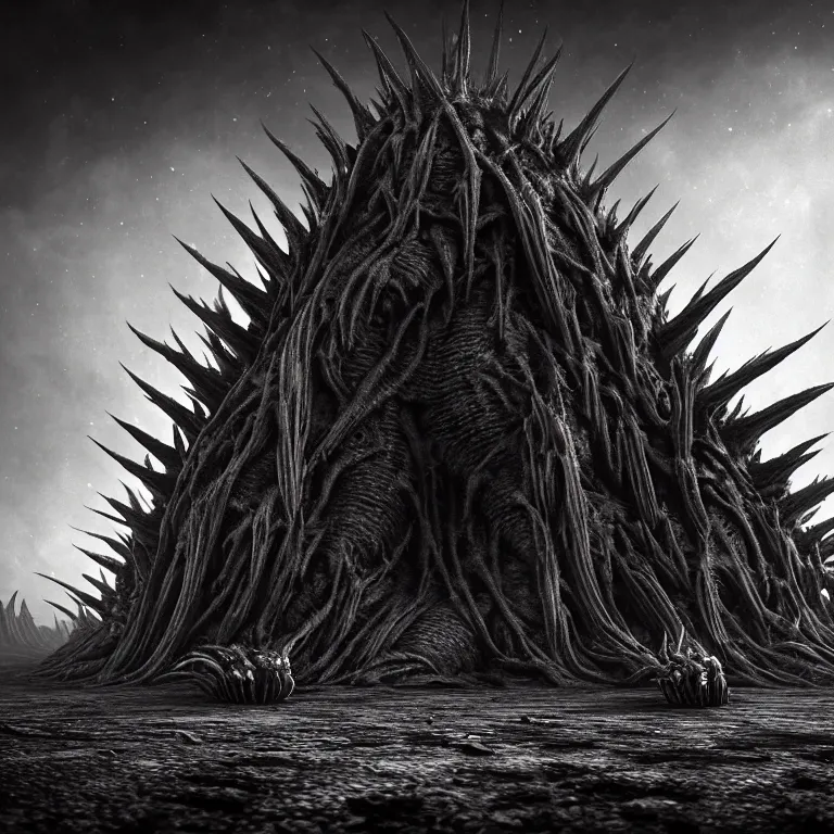 Image similar to ribbed surreal organic symmetrical abandoned spiky spinal alien temple exterior on exoplanet, in a desolate empty wasteland, creepy, nightmare, dream-like heavy atmosphere, surreal abandoned buildings, beautiful detailed intricate insanely detailed octane render trending on Artstation, 8K artistic photography, photorealistic, chiaroscuro, Raphael, Caravaggio, Beksinski, Giger