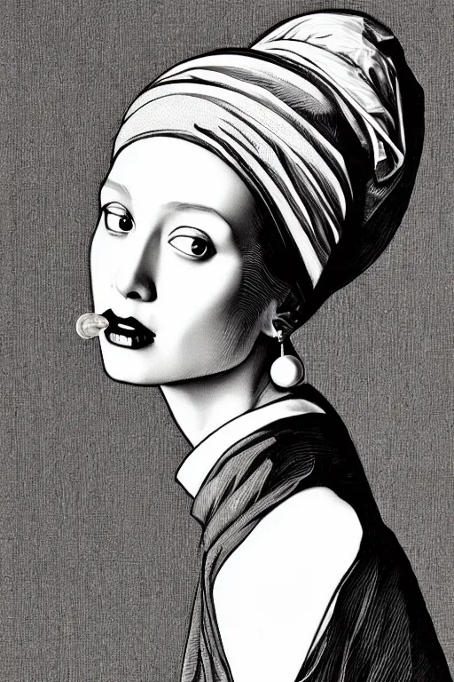 Image similar to beautiful portrait of a woman, negative no not the girl with a pearl earring, highly detailed ink illustration, b & w clean shaped illustration by kim jung gi, ric estrada, ron english and eiichiro oda