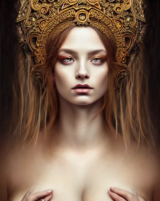 Image similar to portrait of a beautiful goddess, unusual beauty, esoteric, head in focus, fantasy art, ornamental aesthetics, intricate, elegant, highly detailed, hyperrealistic painting, concept art, painterly, sharp focus, illustration, art by ive freya