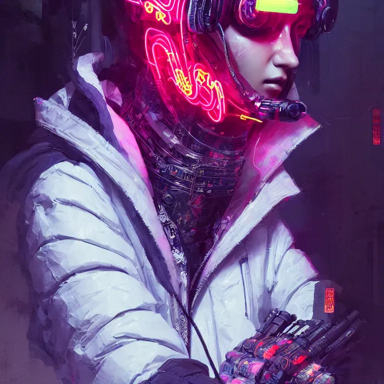 Prompt: etailed portrait virgul, neon operator, cyberpunk futuristic neon, reflective puffy coat, decorated with traditional chinese ornaments by ismail inceoglu dragan bibin hans thoma greg rutkowski alexandros pyromallis nekro rene maritte illustrated, perfect face, fine details, realistic shaded, fine - face, pretty face