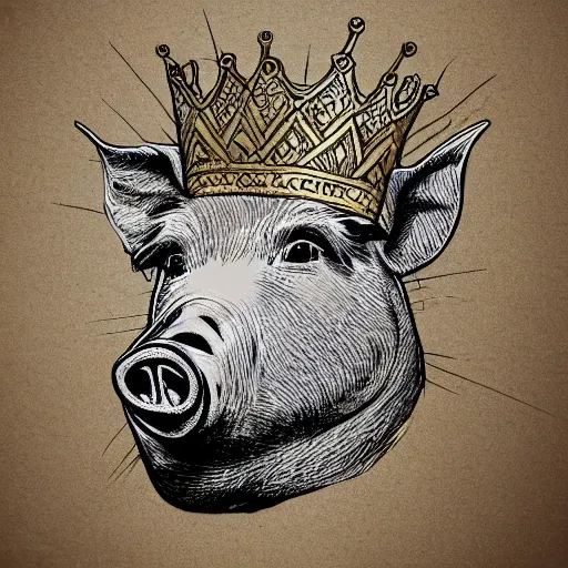 Image similar to detailed line art doodle sketches of a pig wearing a gold crown in the style of alan moore