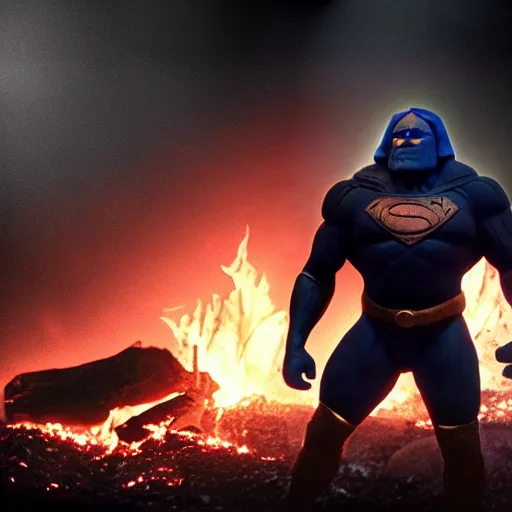 Image similar to darkseid in a dark suit with glowing eyes standing in front of a fire, a photocopy by zack snyder, cgsociety, antipodeans, # vfxfriday, reimagined by industrial light and magic, movie still