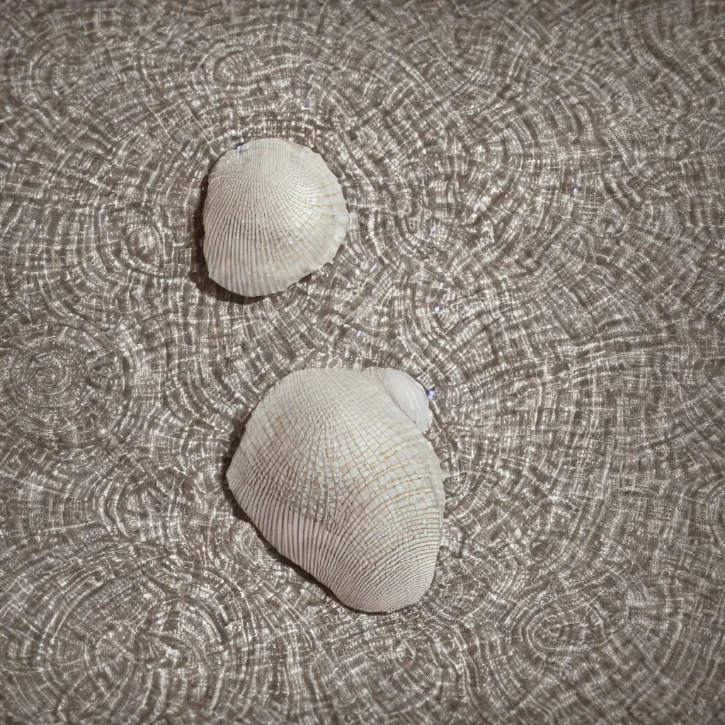 Image similar to geometric single sea shell by ernst haeckel, modeled in 3 d, closeup, cinema 4 d render, beach sad background, clear focus, very coherent, very detailed