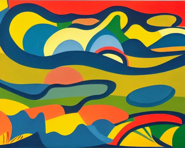 Image similar to An insane, modernist landscape painting. Wild energy patterns rippling in all directions. Curves, organic, zig-zags. Mountains. Clouds. Rushing water. Tarsila do Amaral.