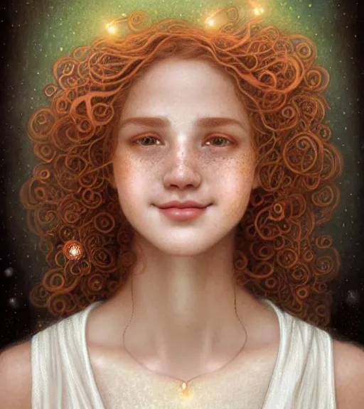 Image similar to portrait of teenage aphrodite, light freckles, curly copper colored hair, smiling kindly, wearing an embroidered white linen dress, lace neckline, intricate, elegant, mother of pearl jewelry, glowing lights, highly detailed, digital painting, artstation, concept art, smooth, sharp focus, illustration, art by wlop, mucha, artgerm, and greg rutkowski